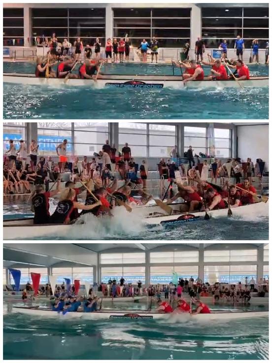 Collage wie das Boot im rennen paddelt