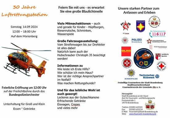 Flyer Seite 1 mit Hubschrauber, Logos und Text