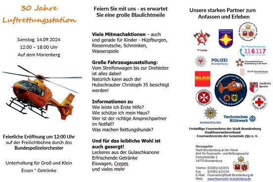 Flyer Seite 1 mit Hubschrauber, Logos und Text