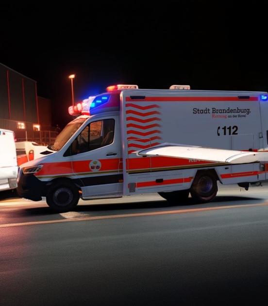 Krankenwagen im dunkeln auf einer Straße. Der Krankenwagen hat Tragflächen an der Seite