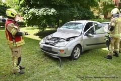 Defektes Auto auf Rasen mit zwei Feuerwehrmänner