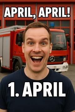 Mann lacht frech in die Kamera, hinter ihm ein Feuerwehrauto