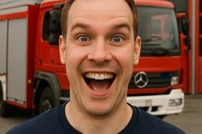 Mann lacht frech in die Kamera, hinter ihm ein Feuerwehrauto