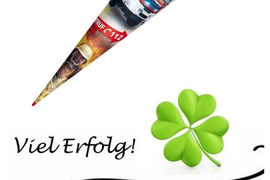 Schultüte und Schriftzug viel Erfolg sowie ein Kleeblatt