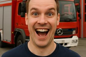 Bild mit Aufschrift April, April und einem lächelnden Mann. Im Hintergrund steht ein Feuerwehrfahrzeug