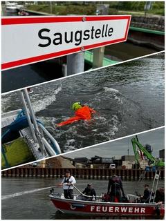 Collage Boot, saugstelle und Puppe im Wasser