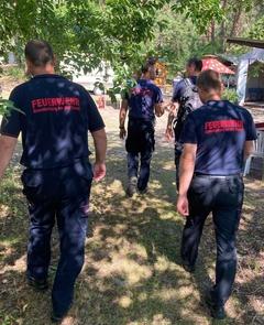 Feuerwehrmänner laufen unter Bäumen