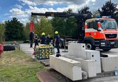 Steine im Fordergrund, dahinter ein Fahrzeug der Feuerwehr und Männer die eine Pferdefigur Kranen