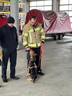 Ein Hund bekommt eine Belohnung von einem Feuerwehrmann.