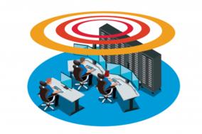 Symbol zum Warntag. Menschen sitzen am Schreibtisch, darüber Warnkreise.