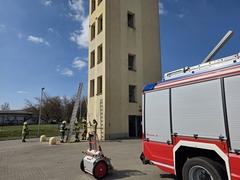 Feuerwehrmänner mit Leitern am Schlauchturm im Vordergrund ein Feuerwehrfahrzeug