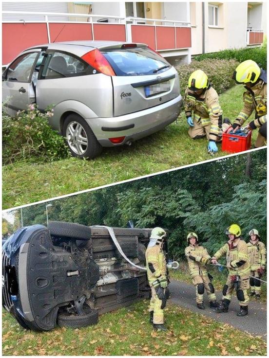 Collage zu sehen ist, wie Feuerwehrmänner verunglückte Autos bergen bzw. wieder aufstellen