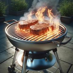 Grill mit zwei Steaks und Feuer