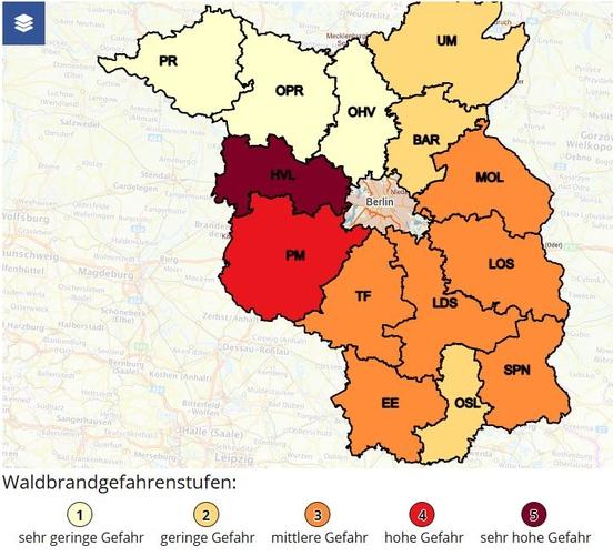 Waldbrandgefahrenstufen auf Landkarte angezeigt