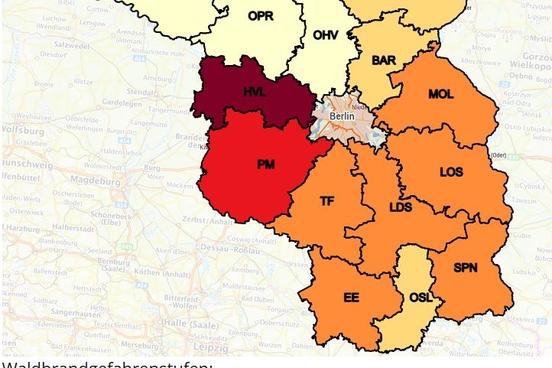 Waldbrandgefahrenstufen auf Landkarte angezeigt